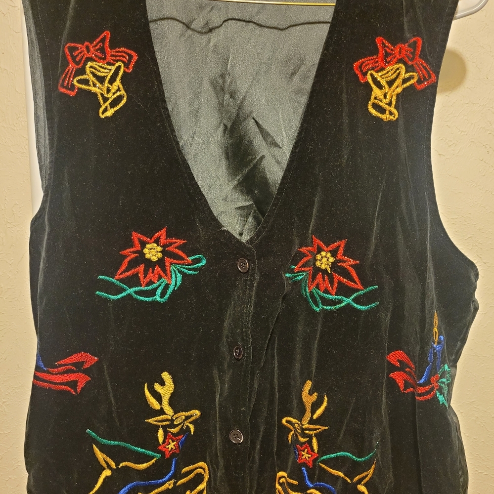 Embroidered Black Velvet Vest with Colorful Designs